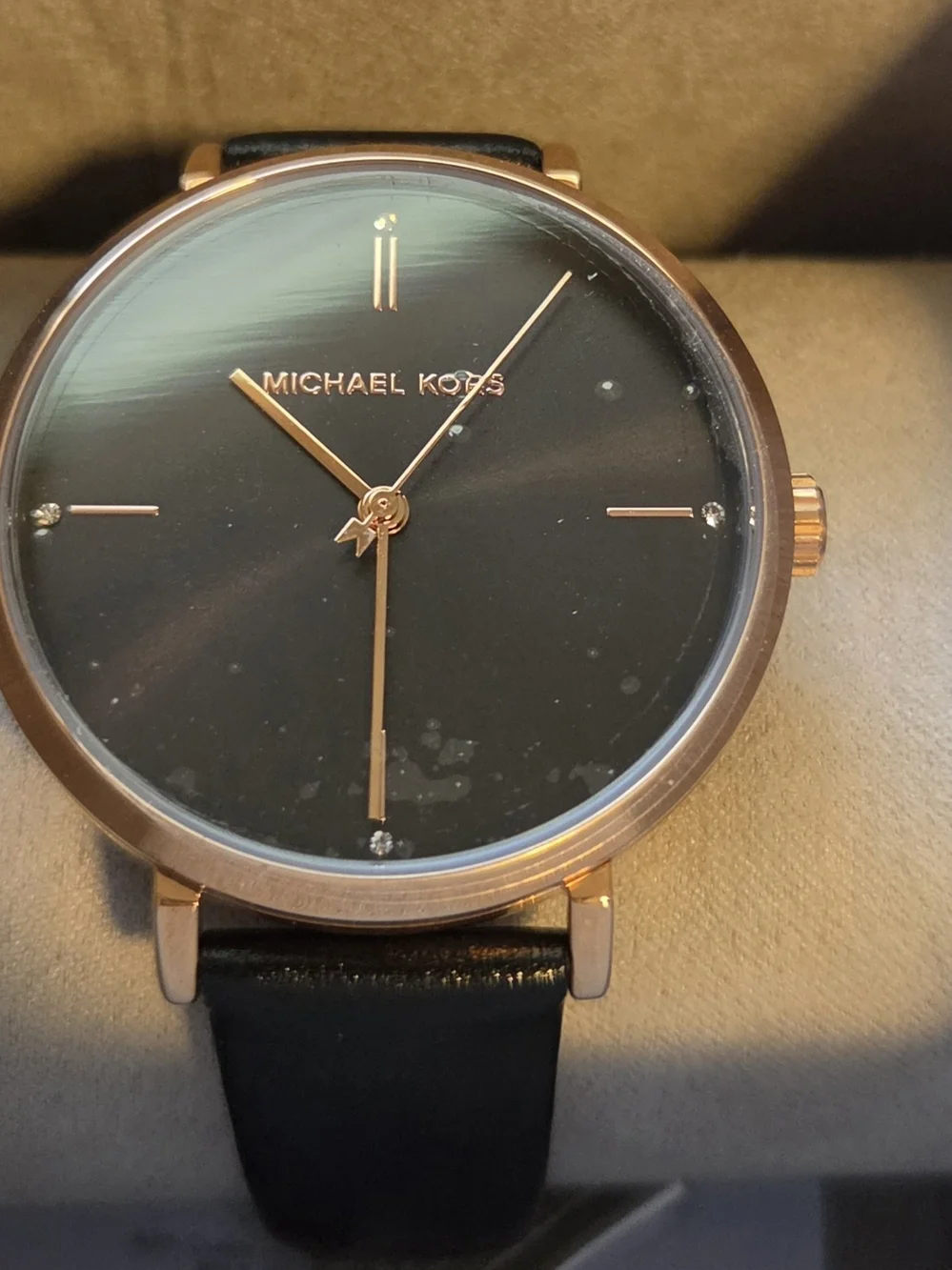 Michael Kors Men’s Rose Gold and Black Slim Leather Strap Watch